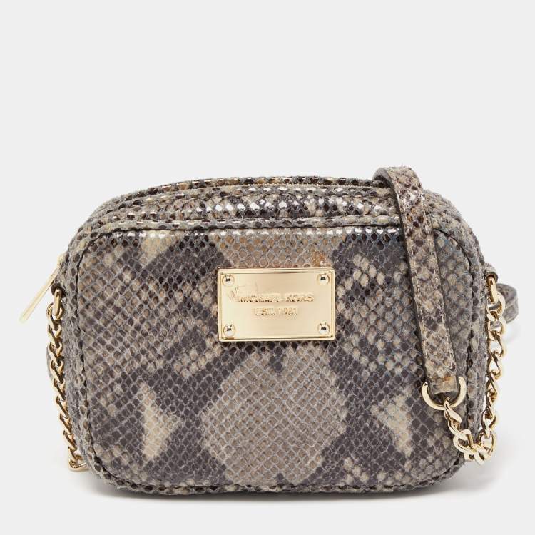 Pre Owned Michael Kors Grey Python Embossed Laminated Suede  Logo Camera Crossbody Bag