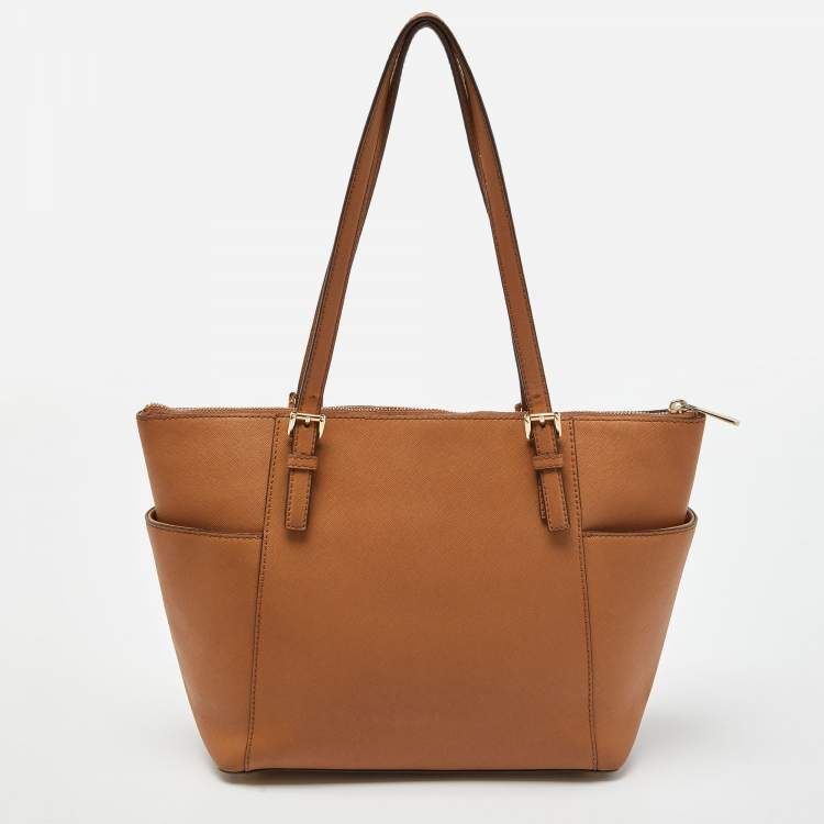 Pre Owned Michael Kors Brown Saffiano Leather Jet Set Top Zip Tote