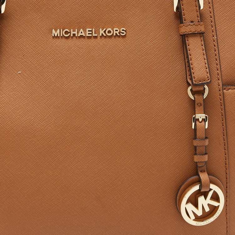 Pre Owned Michael Kors Brown Saffiano Leather Jet Set Top Zip Tote