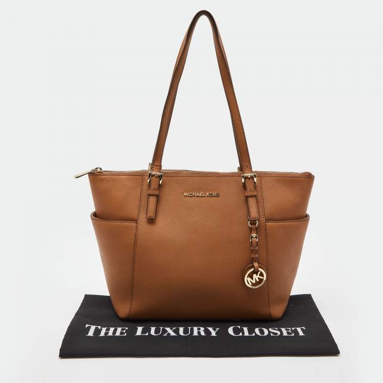 Pre Owned Michael Kors Brown Saffiano Leather Jet Set Top Zip Tote