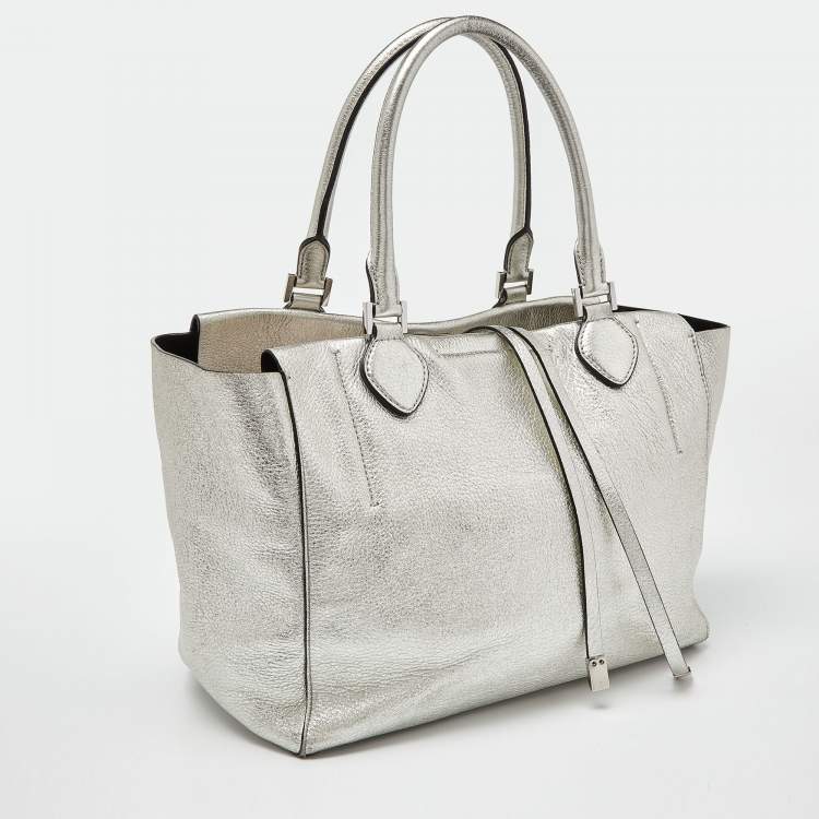 Pre Owned Michael Kors Metallic Silver Leather Large Miranda Tote