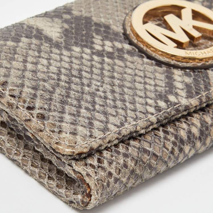 Pre Owned Michael Kors Grey Python Embossed Leather Flap Continental Wallet