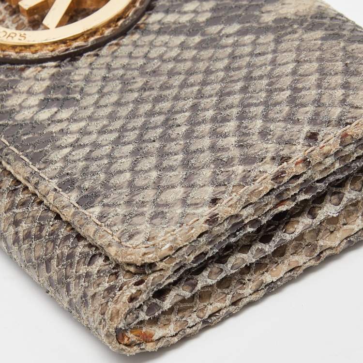 Pre Owned Michael Kors Grey Python Embossed Leather Flap Continental Wallet