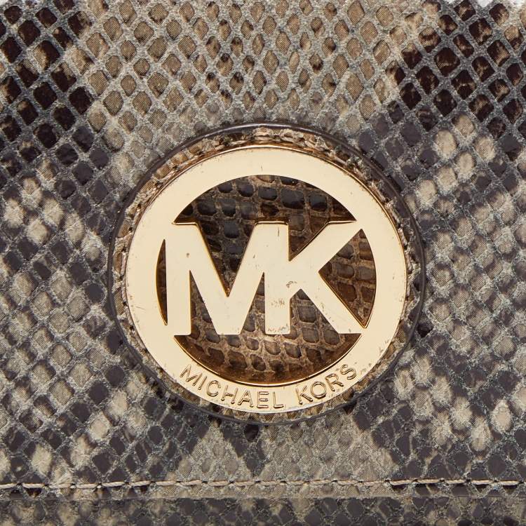 Pre Owned Michael Kors Grey Python Embossed Leather Flap Continental Wallet