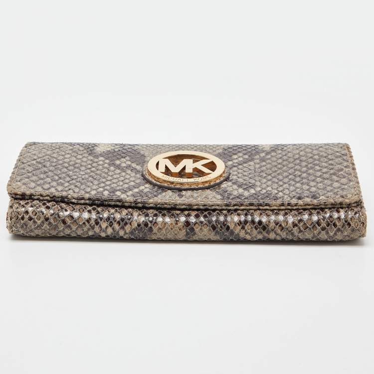 Pre Owned Michael Kors Grey Python Embossed Leather Flap Continental Wallet