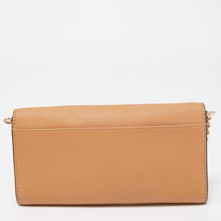 Pre Owned Michael Kors Beige Leather Jet Set Travel Wallet On Chain