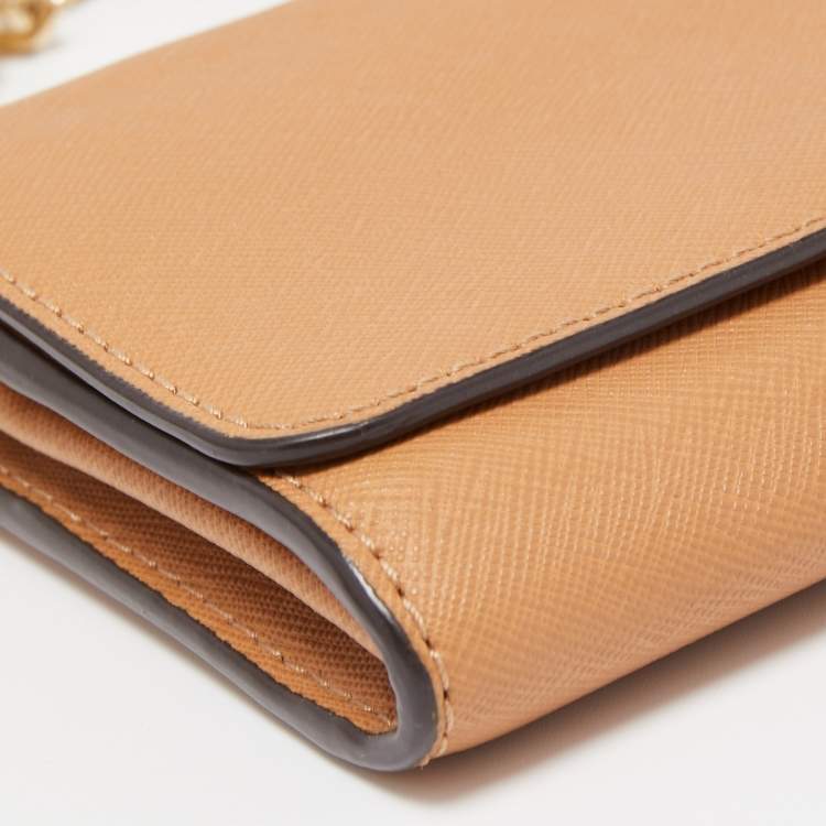 Pre Owned Michael Kors Beige Leather Jet Set Travel Wallet On Chain