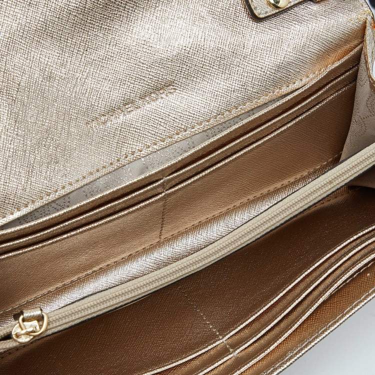 Pre Owned Michael Kors Gold Leather Jet Set Travel Wallet On Chain