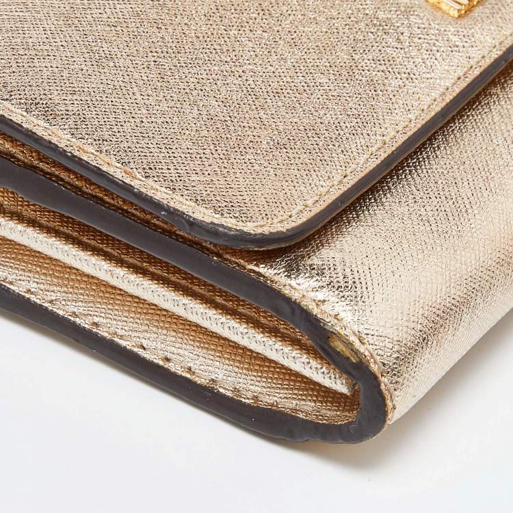 Pre Owned Michael Kors Gold Leather Jet Set Travel Wallet On Chain