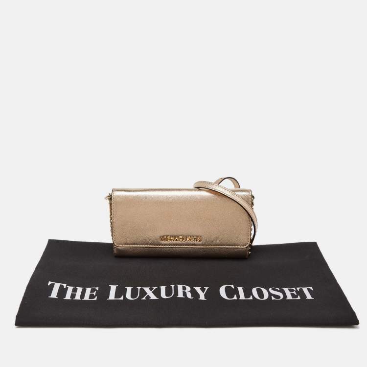 Pre Owned Michael Kors Gold Leather Jet Set Travel Wallet On Chain