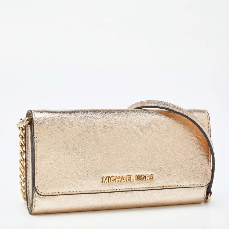 Pre Owned Michael Kors Gold Leather Jet Set Travel Wallet On Chain