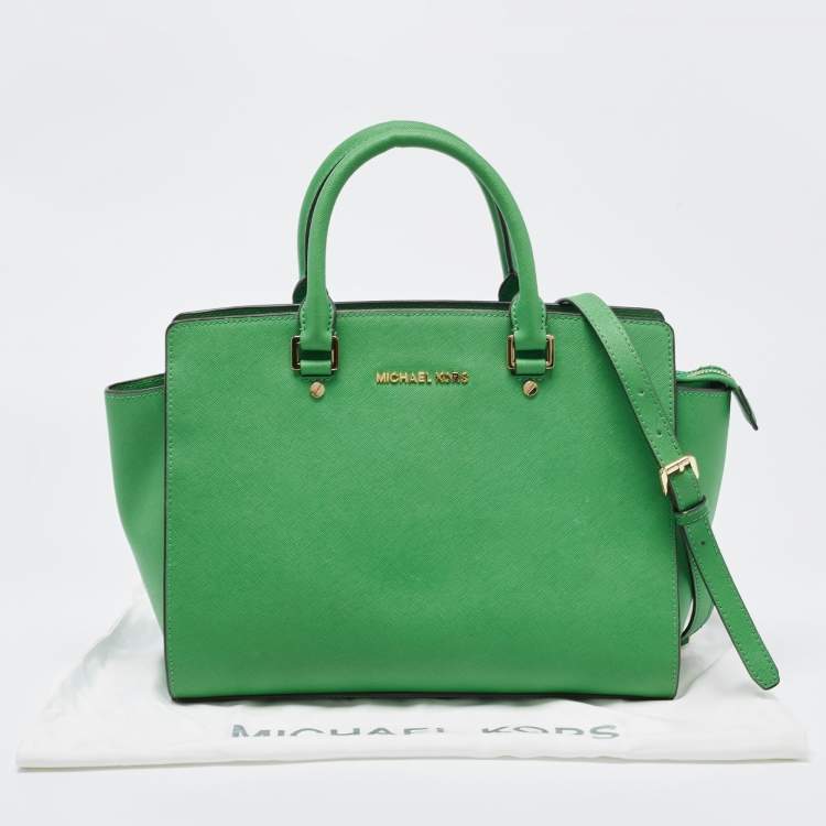 Pre Owned Michael Kors Green Saffiano Lux Leather Large Selma Tote