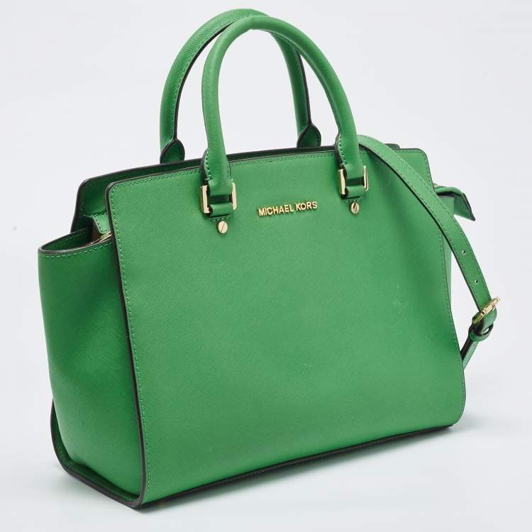 Pre Owned Michael Kors Green Saffiano Lux Leather Large Selma Tote