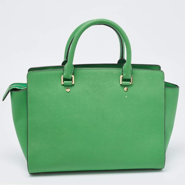 Pre Owned Michael Kors Green Saffiano Lux Leather Large Selma Tote