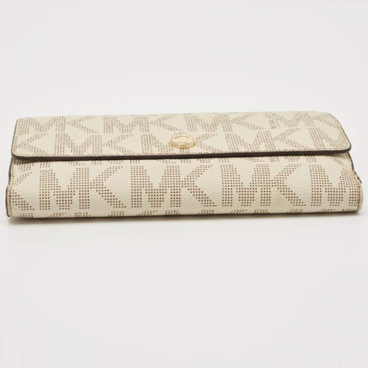 Pre Owned Michael Kors Off White Signature Coated Canvas Flap Continental Wallet