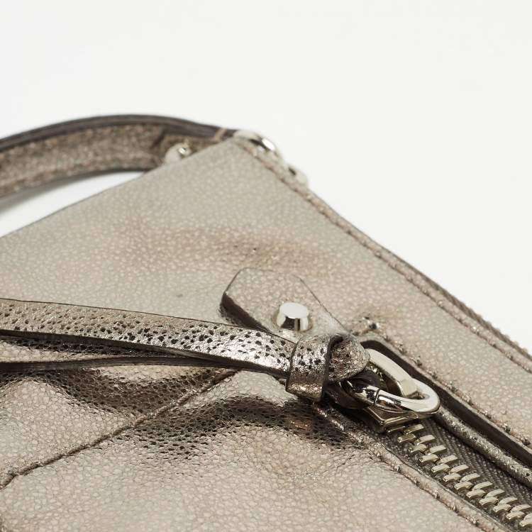 Pre Owned Michael Kors Metallic Grey Leather Fallon Wristlet Clutch