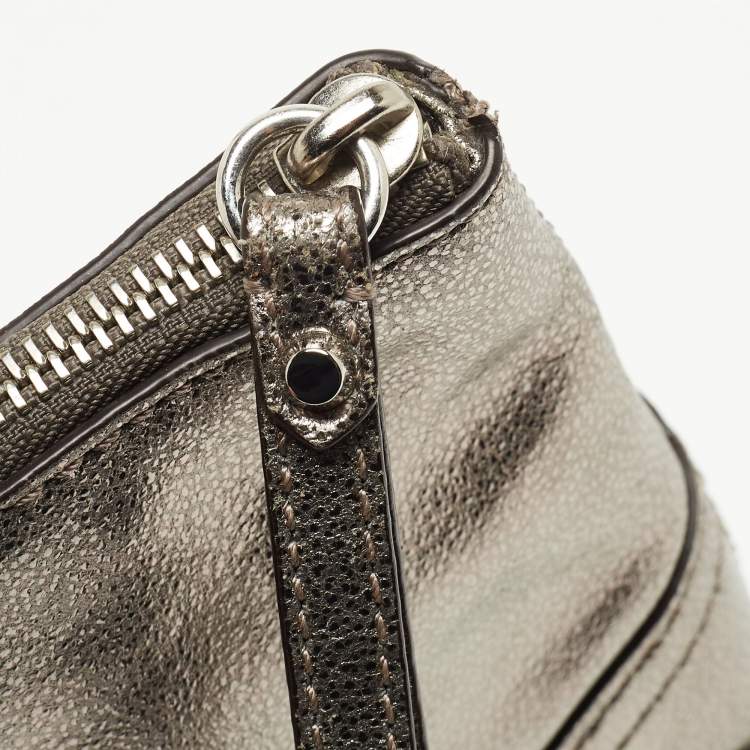 Pre Owned Michael Kors Metallic Grey Leather Fallon Wristlet Clutch