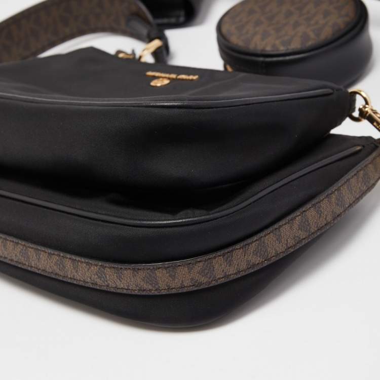 Pre Owned Michael Kors Black/Brown Coated Canvas and Nylon Gabardine Crossbody Bag