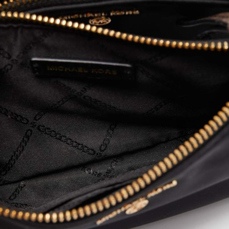 Pre Owned Michael Kors Black/Brown Coated Canvas and Nylon Gabardine Crossbody Bag