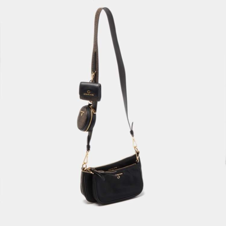 Pre Owned Michael Kors Black/Brown Coated Canvas and Nylon Gabardine Crossbody Bag