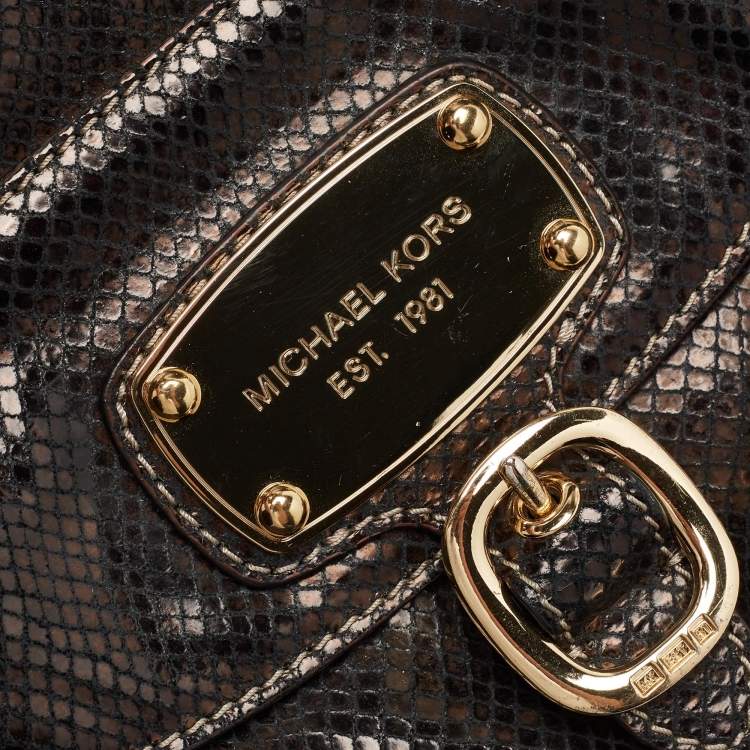 Pre Owned Michael Kors Black Snakeskin Embossed Leather Buckle Pocket Hobo