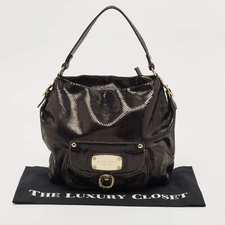Pre Owned Michael Kors Black Snakeskin Embossed Leather Buckle Pocket Hobo