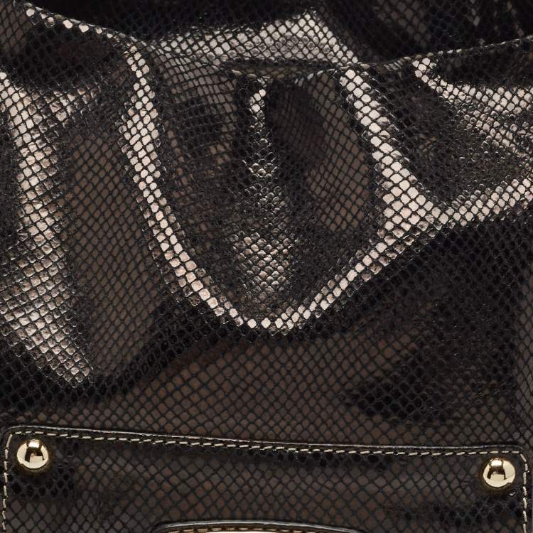 Pre Owned Michael Kors Black Snakeskin Embossed Leather Buckle Pocket Hobo