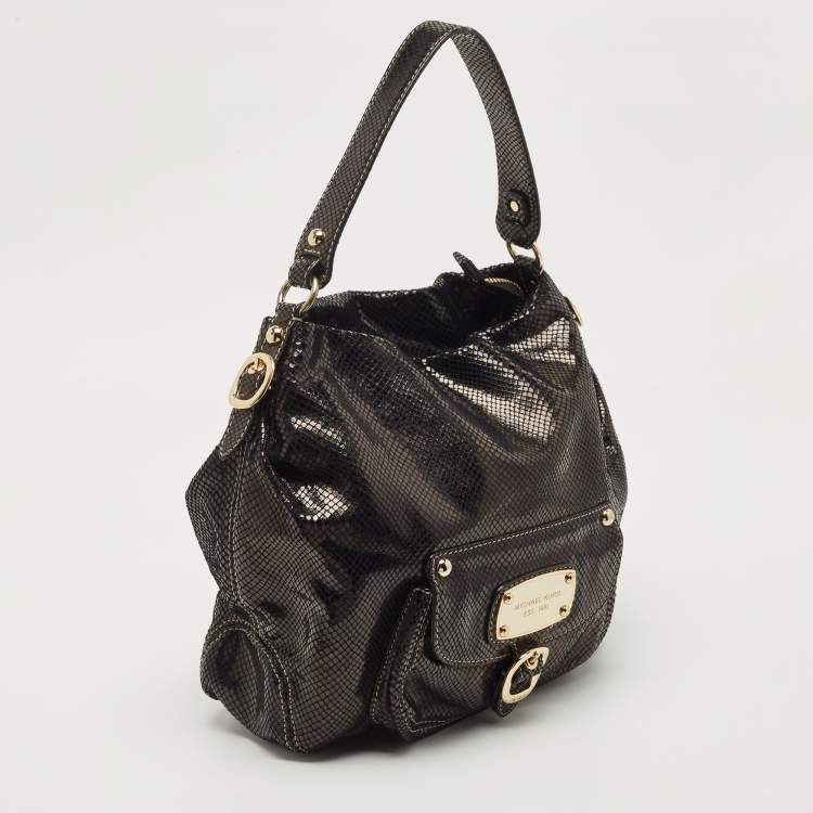 Pre Owned Michael Kors Black Snakeskin Embossed Leather Buckle Pocket Hobo