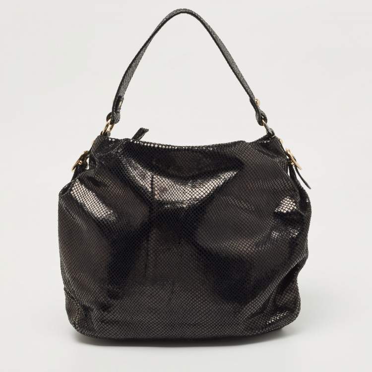Pre Owned Michael Kors Black Snakeskin Embossed Leather Buckle Pocket Hobo