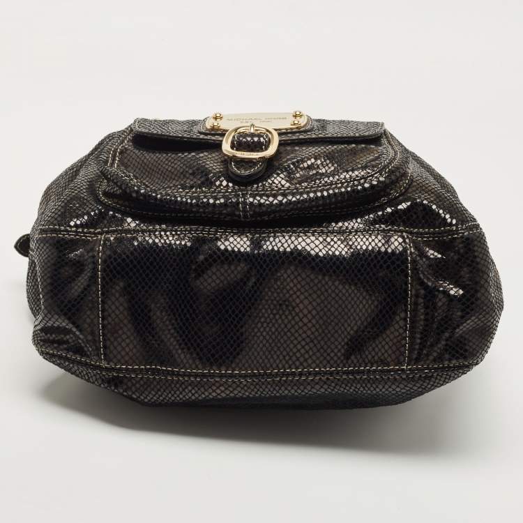 Pre Owned Michael Kors Black Snakeskin Embossed Leather Buckle Pocket Hobo