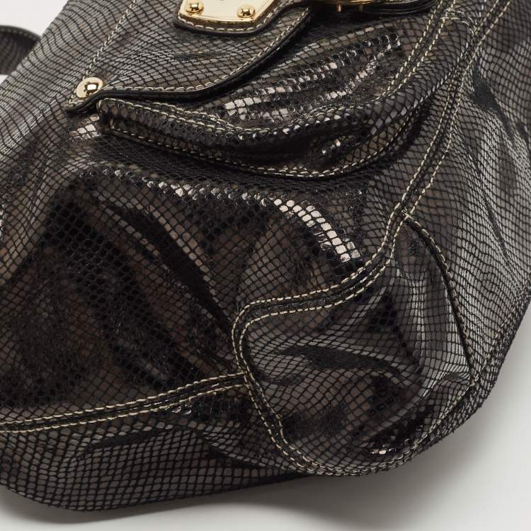 Pre Owned Michael Kors Black Snakeskin Embossed Leather Buckle Pocket Hobo