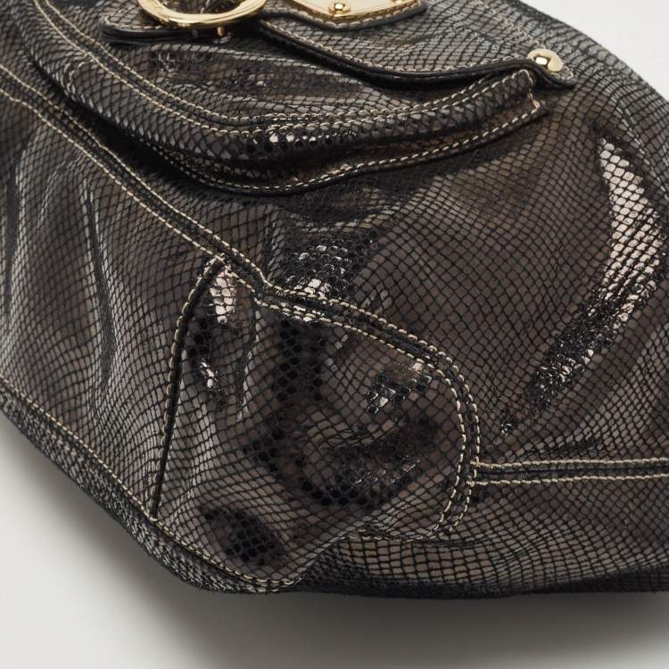Pre Owned Michael Kors Black Snakeskin Embossed Leather Buckle Pocket Hobo