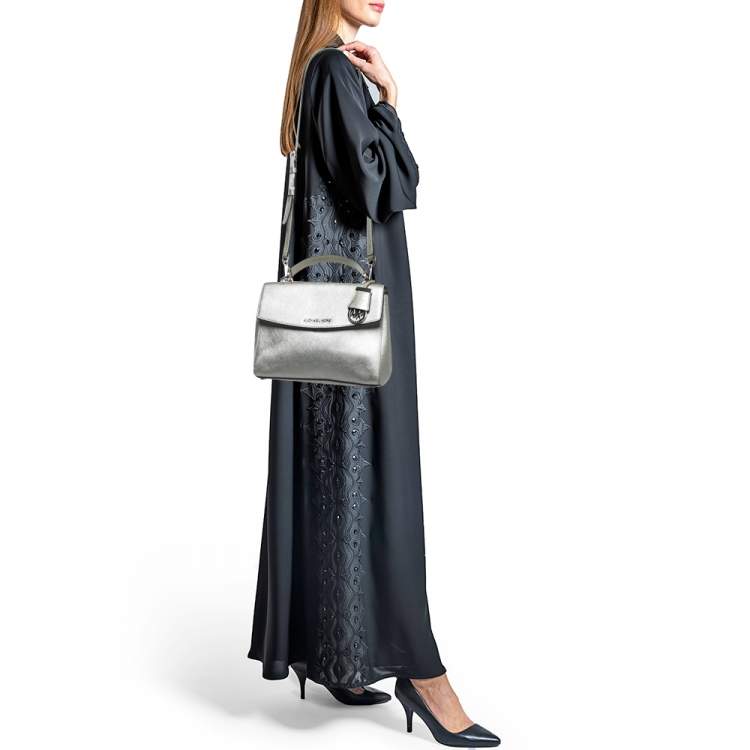 Michael Kors Silver Saffiano Leather Small Ava Top Handle Bag Michael Kors