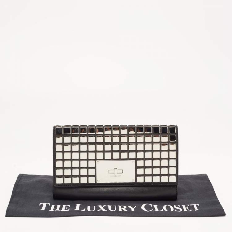 Pre Owned Michael Kors Black Leather Natalia Tile Studded Flap Clutch