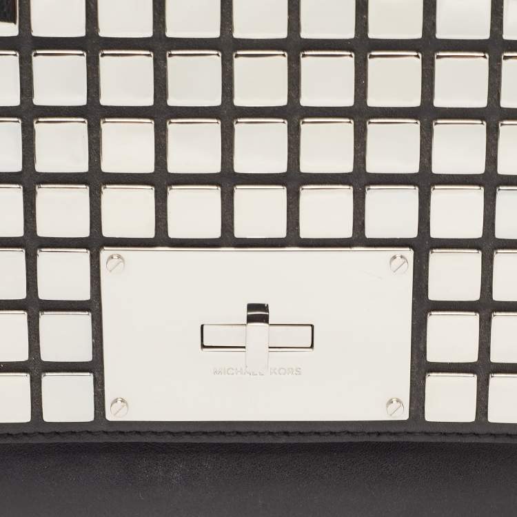 Pre Owned Michael Kors Black Leather Natalia Tile Studded Flap Clutch