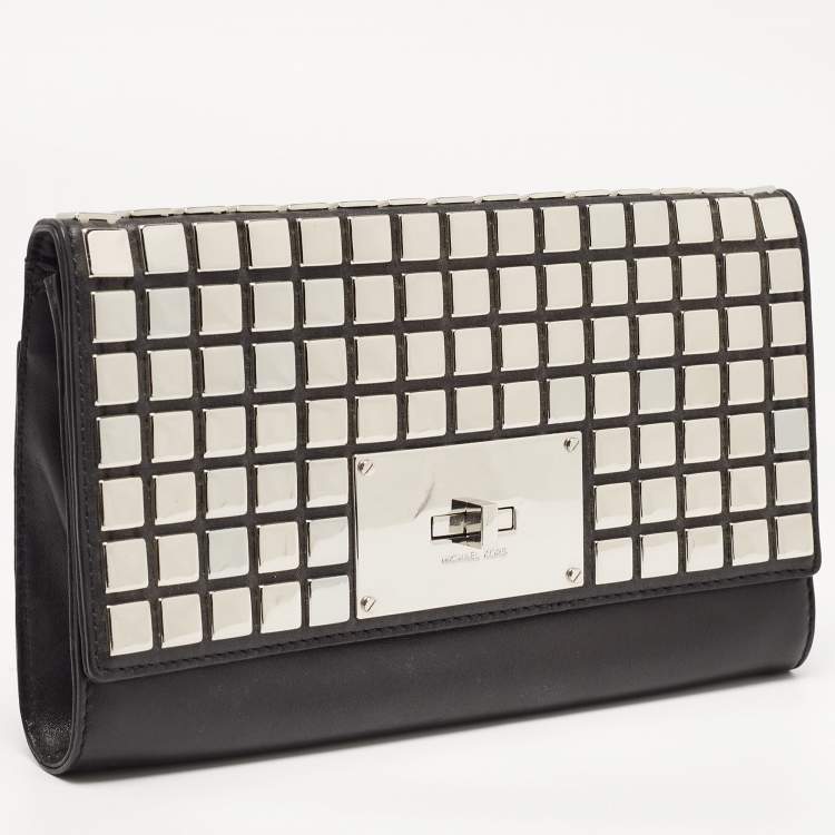Pre Owned Michael Kors Black Leather Natalia Tile Studded Flap Clutch
