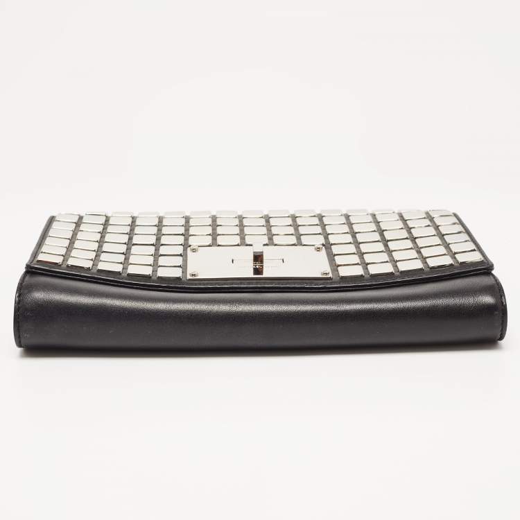 Pre Owned Michael Kors Black Leather Natalia Tile Studded Flap Clutch
