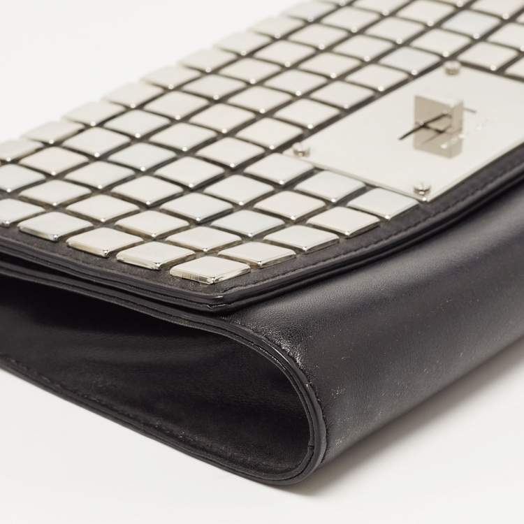 Pre Owned Michael Kors Black Leather Natalia Tile Studded Flap Clutch