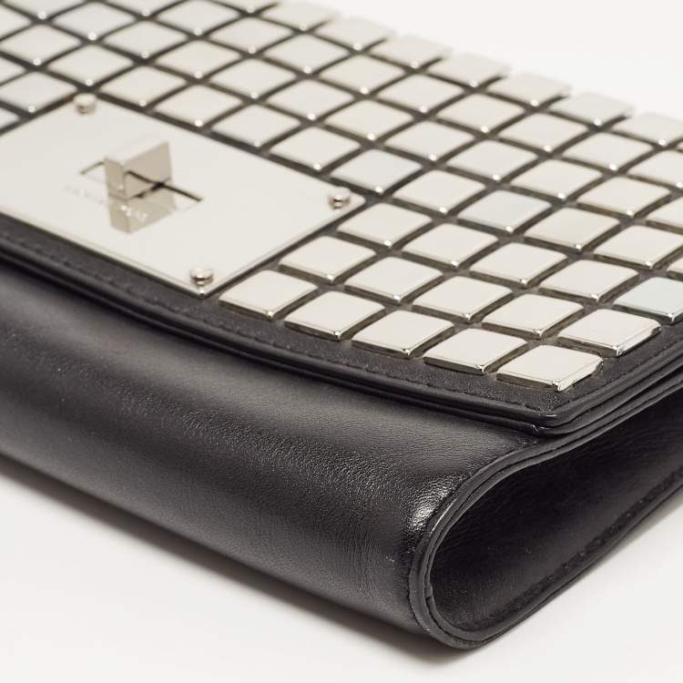 Pre Owned Michael Kors Black Leather Natalia Tile Studded Flap Clutch