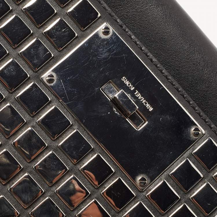 Pre Owned Michael Kors Black Leather Natalia Tile Studded Flap Clutch
