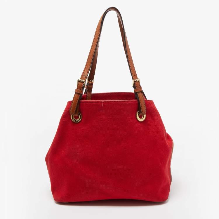 Pre Owned Michael Kors Red/Brown Canvas and Leather Large Raven Shoulder Bag