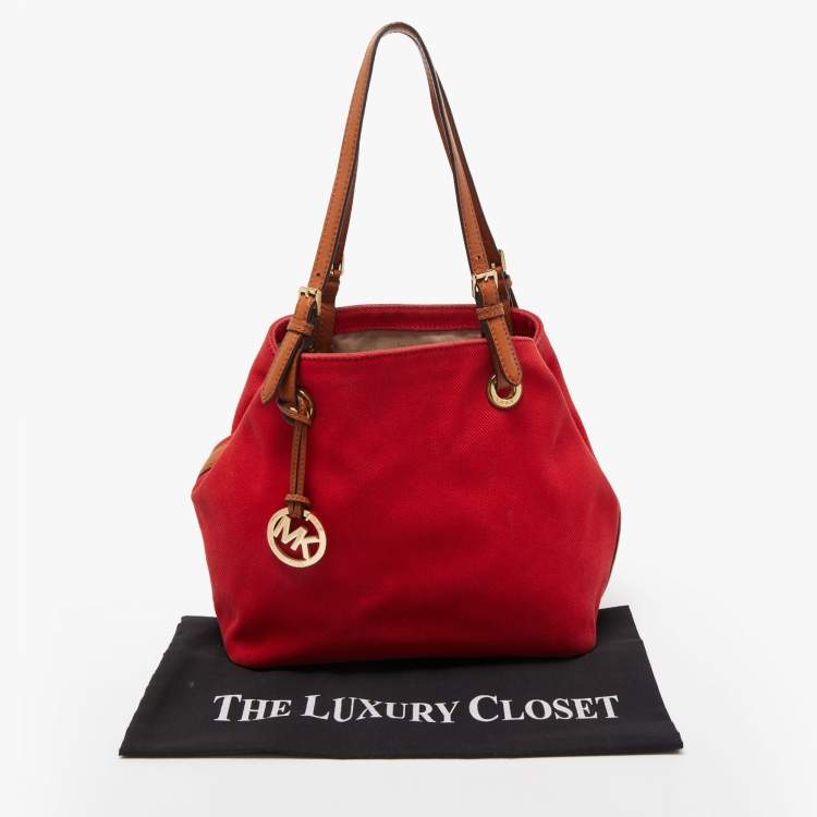 Pre Owned Michael Kors Red/Brown Canvas and Leather Large Raven Shoulder Bag