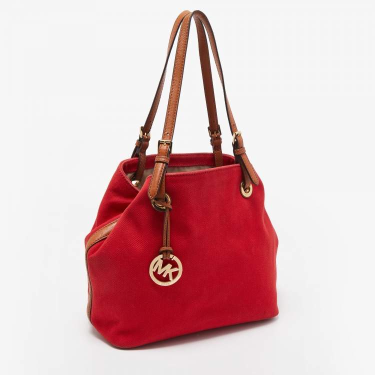 Pre Owned Michael Kors Red/Brown Canvas and Leather Large Raven Shoulder Bag