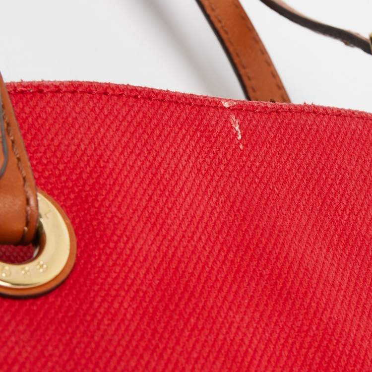 Pre Owned Michael Kors Red/Brown Canvas and Leather Large Raven Shoulder Bag