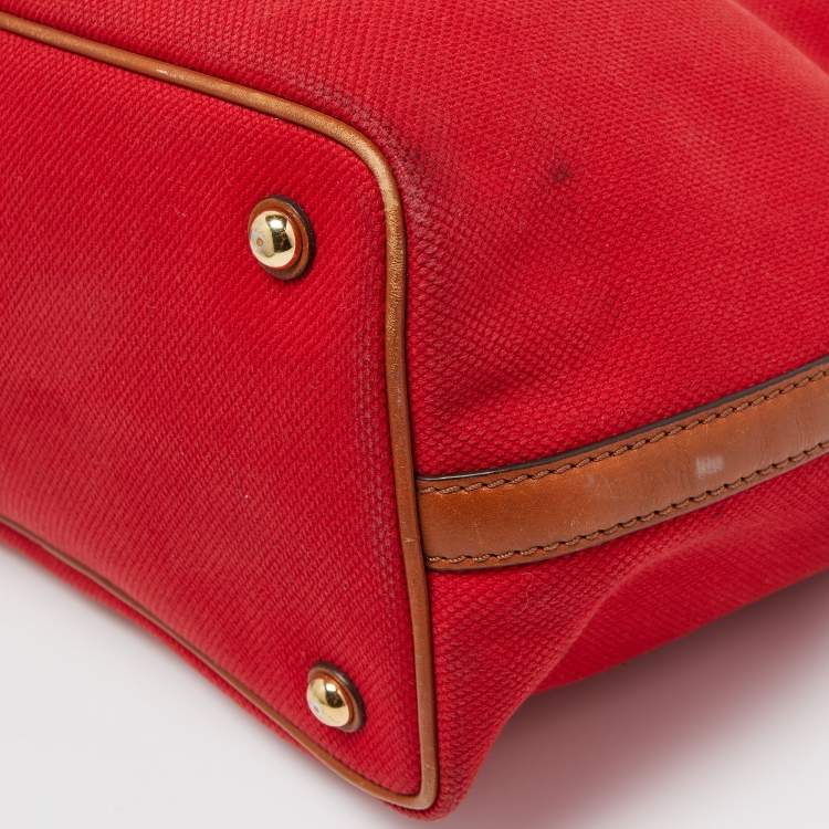 Pre Owned Michael Kors Red/Brown Canvas and Leather Large Raven Shoulder Bag