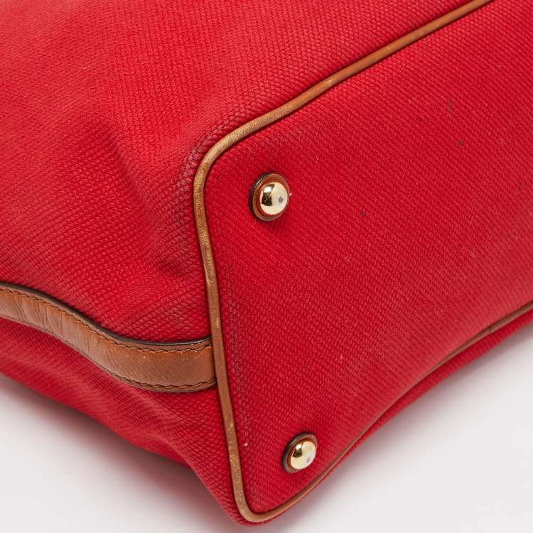 Pre Owned Michael Kors Red/Brown Canvas and Leather Large Raven Shoulder Bag