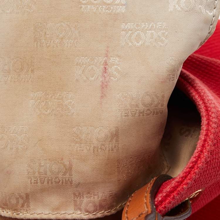 Pre Owned Michael Kors Red/Brown Canvas and Leather Large Raven Shoulder Bag