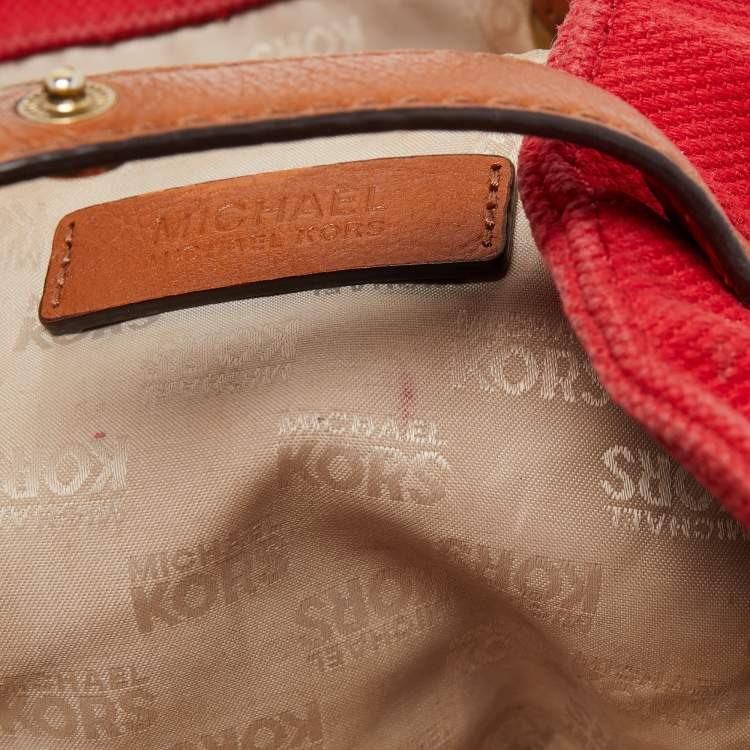 Pre Owned Michael Kors Red/Brown Canvas and Leather Large Raven Shoulder Bag