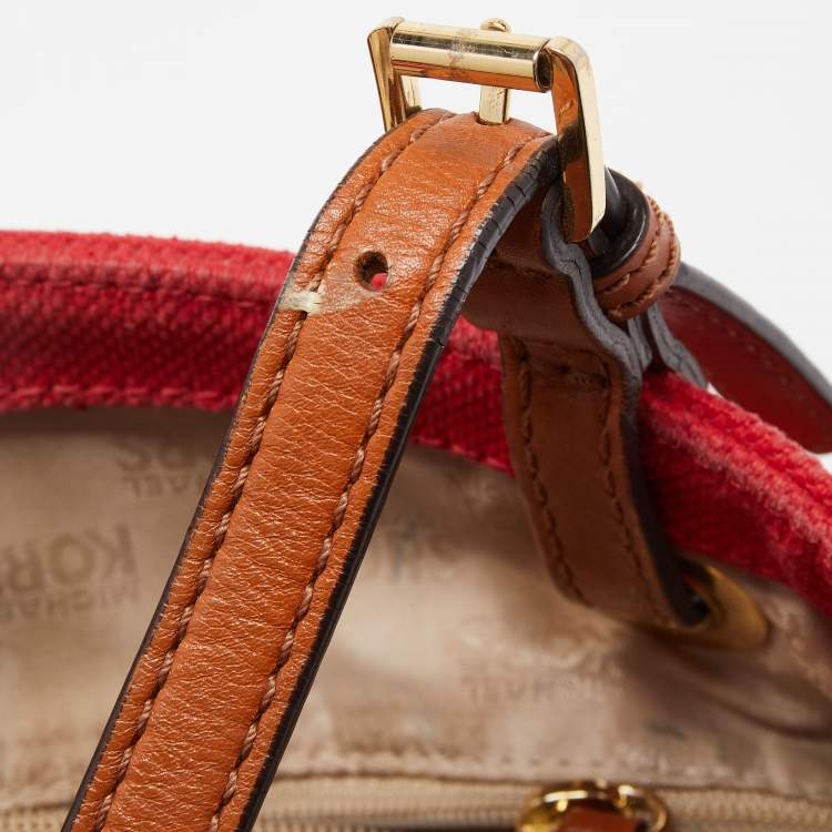 Pre Owned Michael Kors Red/Brown Canvas and Leather Large Raven Shoulder Bag