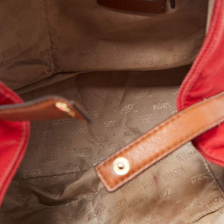 Pre Owned Michael Kors Red/Brown Canvas and Leather Large Raven Shoulder Bag